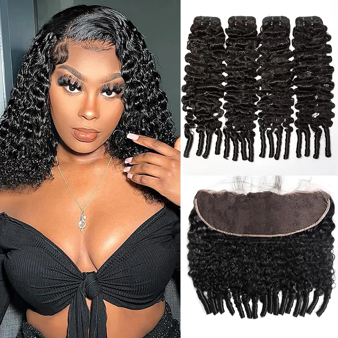 Lumiere Natural Black Burmese Curly 4 Bundles With 13x4 Lace Frontal Brazilian Virgin Hair