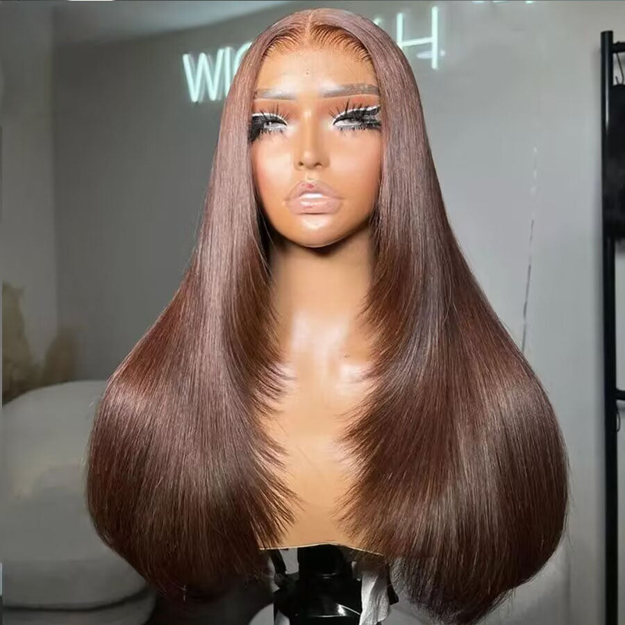 Lumiere Brown 13x4 Lace Front Straight Layer Cut Wig 150% Density Human Hair Wigs For Black Women HDZ