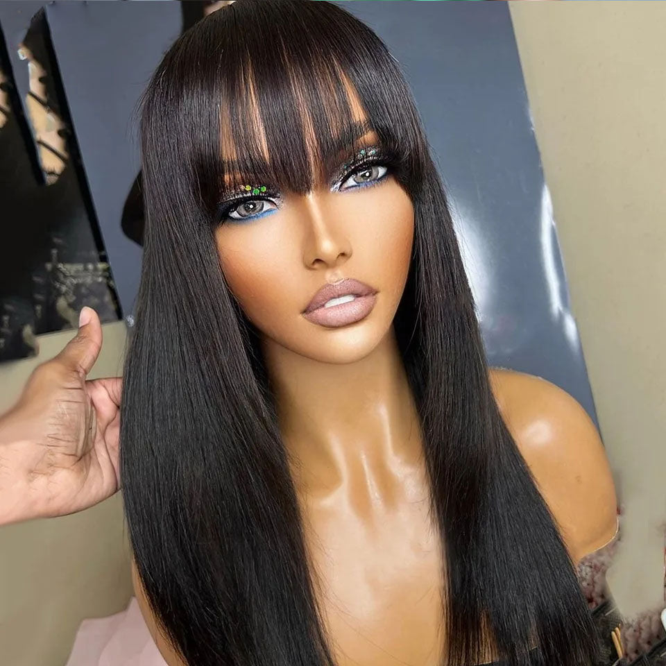 Ship In 24Hours-Lumiere Highlight Brown Blonde Straight 13x4 HD Lace Front 150% Density Human Hair Wigs With Natural Black Bangs For Black Women HDZ