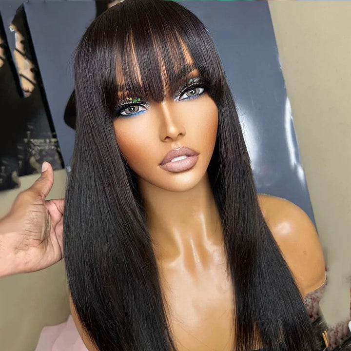 Ship In 24Hours-Lumiere Highlight Brown Blonde Straight 13x4 HD Lace Front 150% Density Human Hair Wigs With Natural Black Bangs For Black Women HDZ
