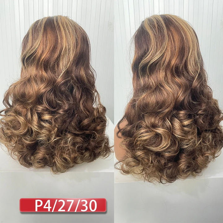 Customized 250% Density Super Double DrawnHighlight P4/27 Bouncy Curly Glueless 13X4 Full Frontal Wigs Transparent Lace 100% Human Hair| Lumiere