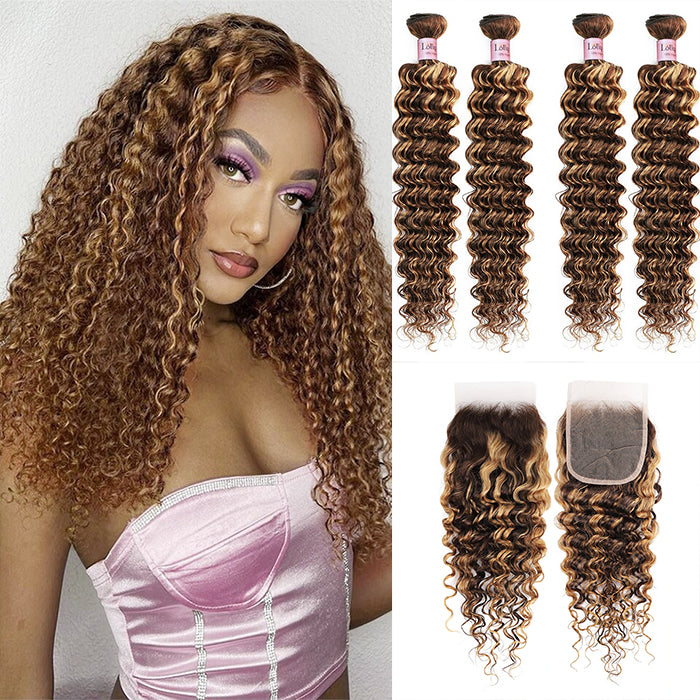 P4/27 Highlight Deep wave 4 Bundles With 4x4 Lace Closure Brazilian Remy Human Hair