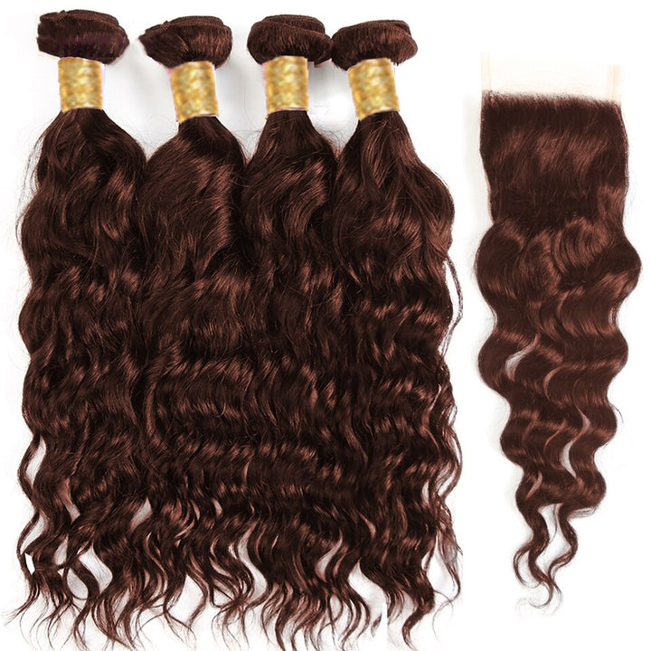 #33 Reddish Brown Water Wave 4 Bundles with 4x4 closure with transparent lace(No Code Need)