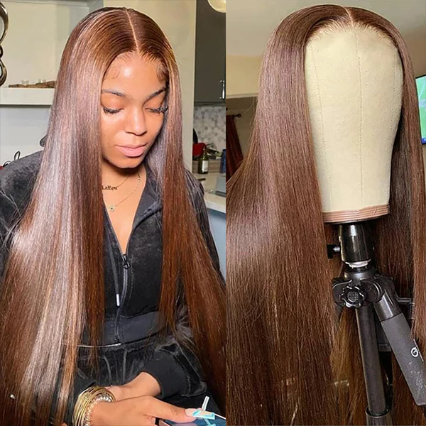 Chocolate Brown Colored Straight HD Lace Frontal Human Hair Wigs for women