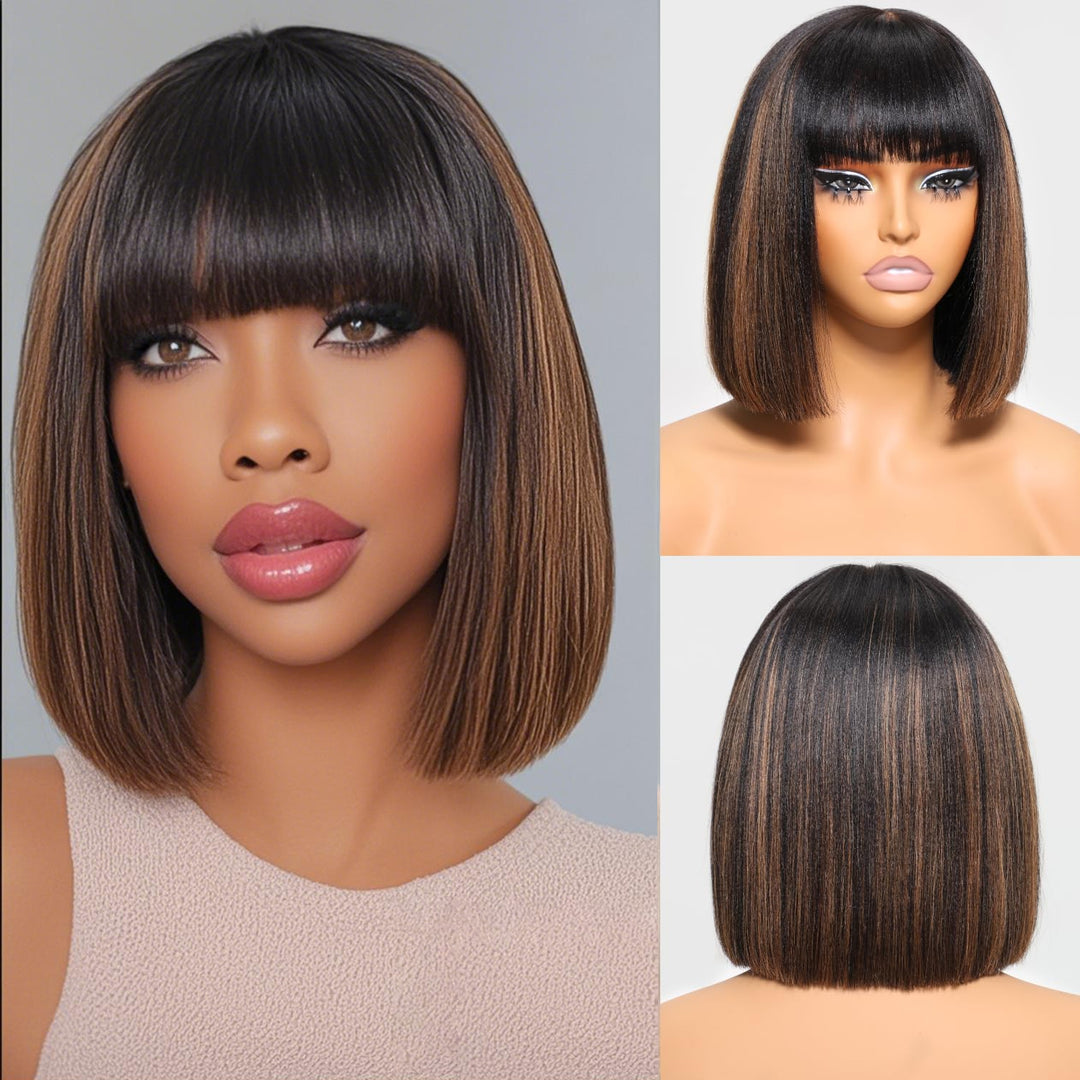 Lumiere Highlight Straight Bob Human Hair Wig with Bangs None lace Bob Wigs 180% Density Wear and Go Glueless Machine Made Colored Wig for Woman 14 Inch