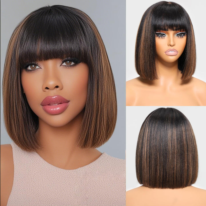 Lumiere Highlight Straight Bob Human Hair Wig with Bangs None lace Bob Wigs 180% Density Wear and Go Glueless Machine Made Colored Wig for Woman 14 Inch