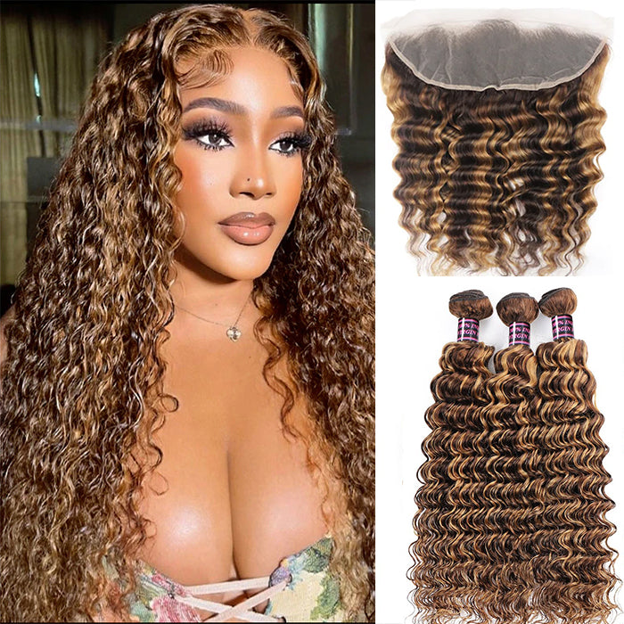 Highlight P4/27 Deep wave 3 Bundles With 13x4 Transparent Lace Frontal Brazilian Hair