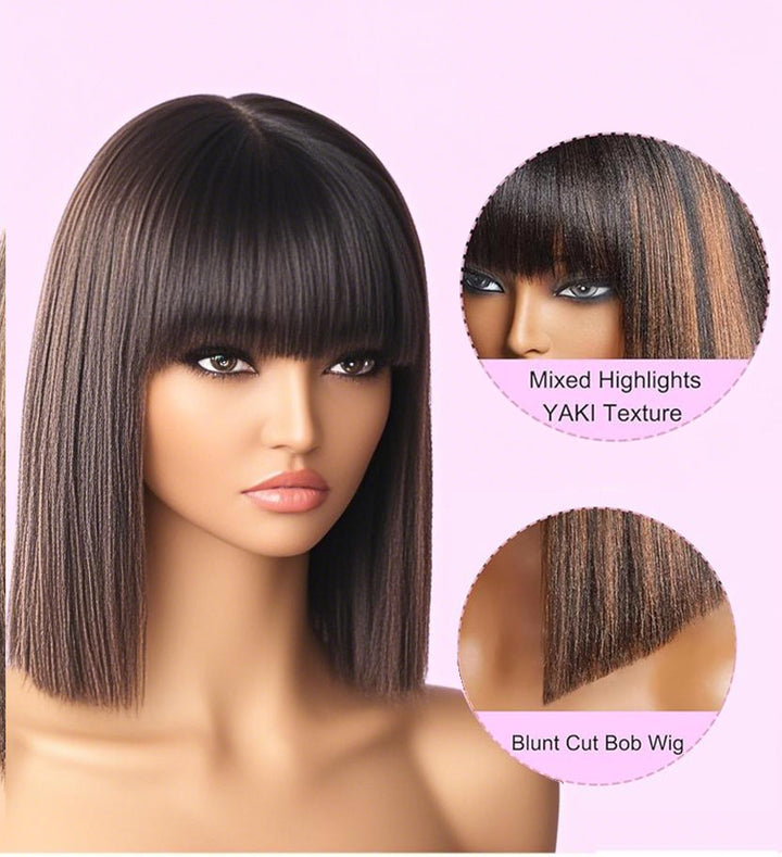 Lumiere Highlight Straight Bob Human Hair Wig with Bangs None lace Bob Wigs 180% Density Wear and Go Glueless Machine Made Colored Wig for Woman 14 Inch