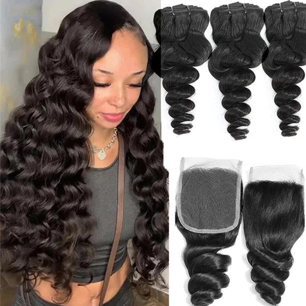 Peruvian Loose Wave Hair Weave 3 Bundles With Closure 4x4 HD Lace Clos Lumiere Hair