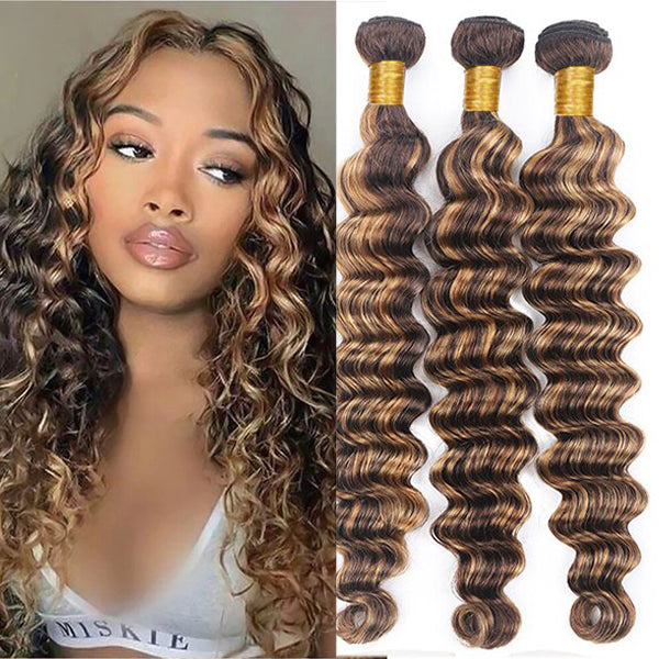 Highlight Loose Deep Wave Bundles Brazilian 30 Inch Human Hair Bundles P4/27 Ombre Brown Blonde Weave Bundles Hair Extensions