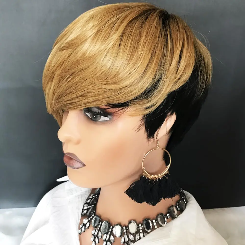Lumiere Natural Black Highlights Burgundy New Pixie Cut Short Human Hair Wigs Full Machine Made Wig For Women Short Left And Long Right