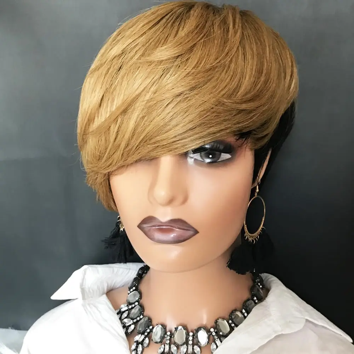 Lumiere Natural Black Highlights Burgundy New Pixie Cut Short Human Hair Wigs Full Machine Made Wig For Women Short Left And Long Right