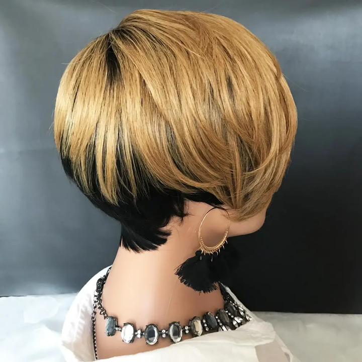 Lumiere Natural Black Highlights Burgundy New Pixie Cut Short Human Hair Wigs Full Machine Made Wig For Women Short Left And Long Right
