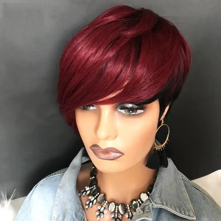 Lumiere Natural Black Highlights Burgundy New Pixie Cut Short Human Hair Wigs Full Machine Made Wig For Women Short Left And Long Right