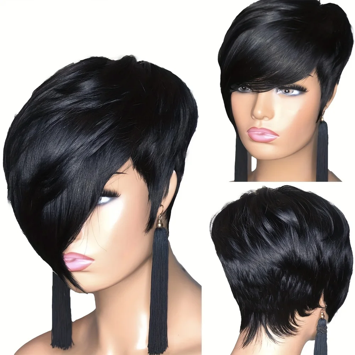 Lumiere Natural Black Highlights Burgundy New Pixie Cut Short Human Hair Wigs Full Machine Made Wig For Women Short Left And Long Right