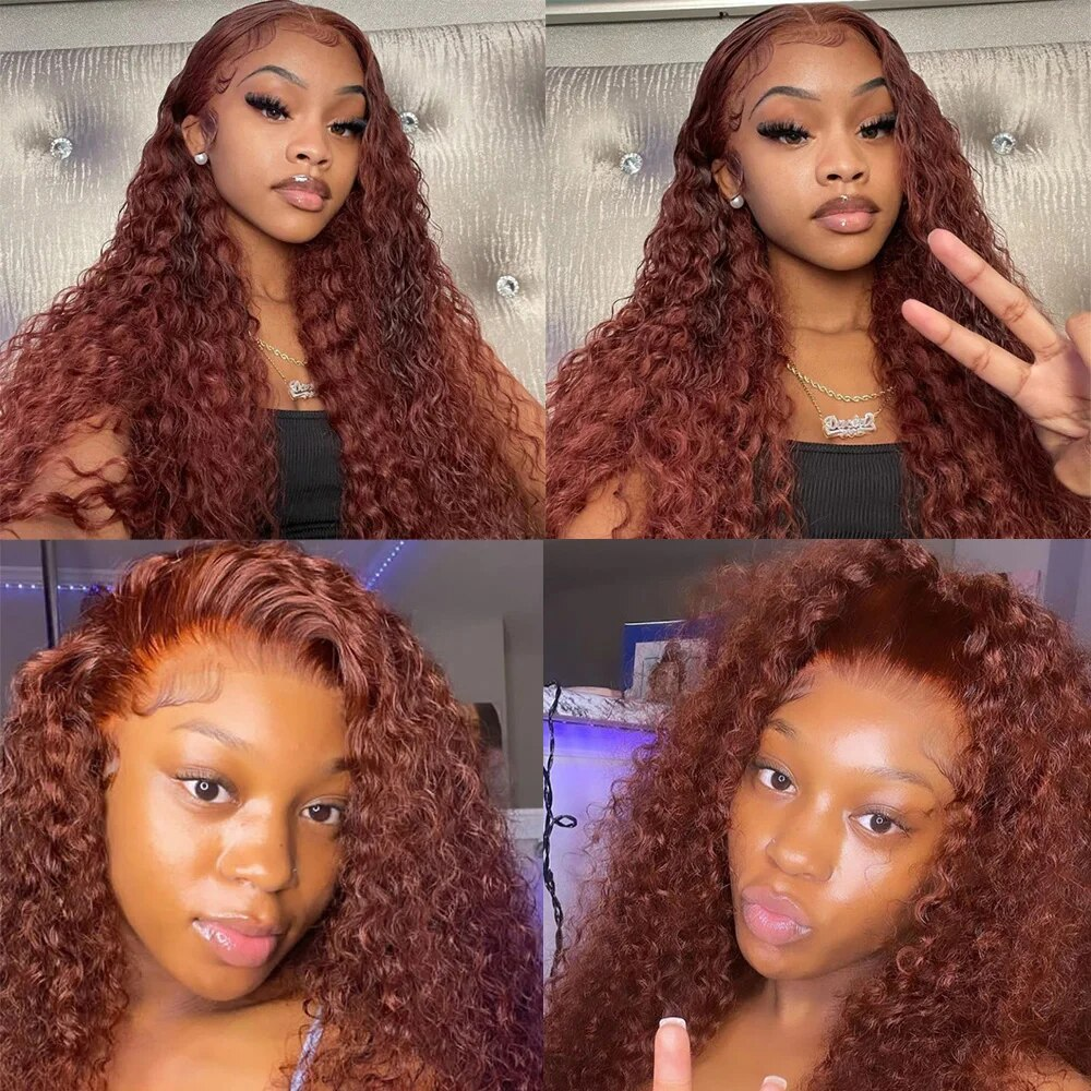 #33 Reddish Brown Deep Curly 13x4/4x4/5x5 Closure Lace Mid Part Long Wig 100% Human Hair