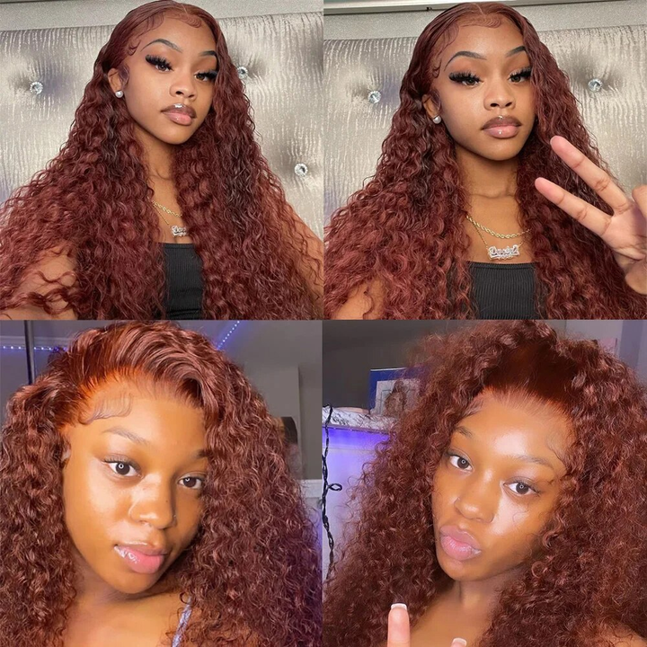 #33 Reddish Brown Deep Curly 13x4/4x4/5x5 Closure Lace Mid Part Long Wig 100% Human Hair