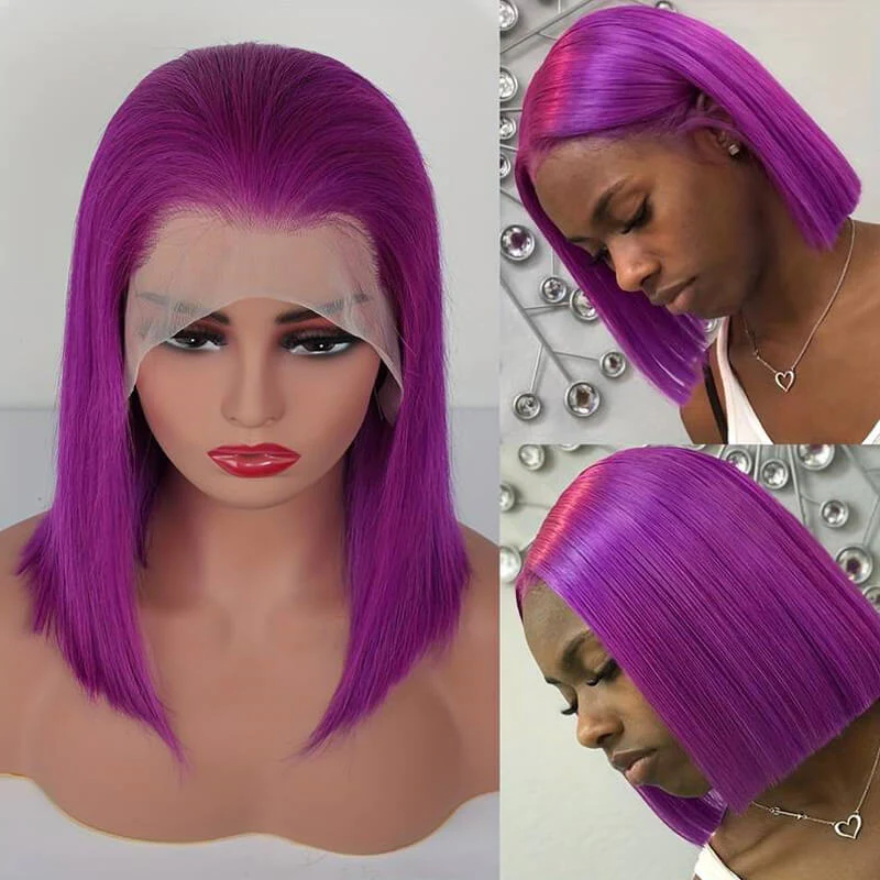 150% Density Yellow & Light Pink & Flag Red & Purple & Lake Blue Short Bob wig 13x4 Lace Front Straight Human Hair Wigs Transparent Lace | Lumiere