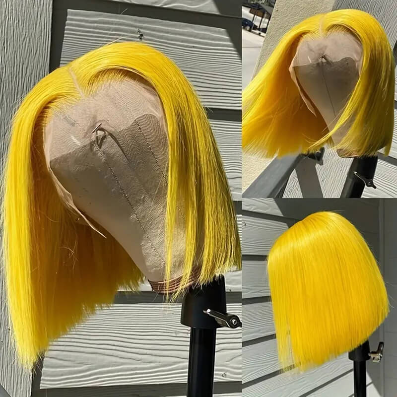 150% Density Yellow & Light Pink & Red & Purple & Lake Blue Short Bob wig 13x4 Lace Front Straight Human Hair Wigs Transparent Lace | Lumiere