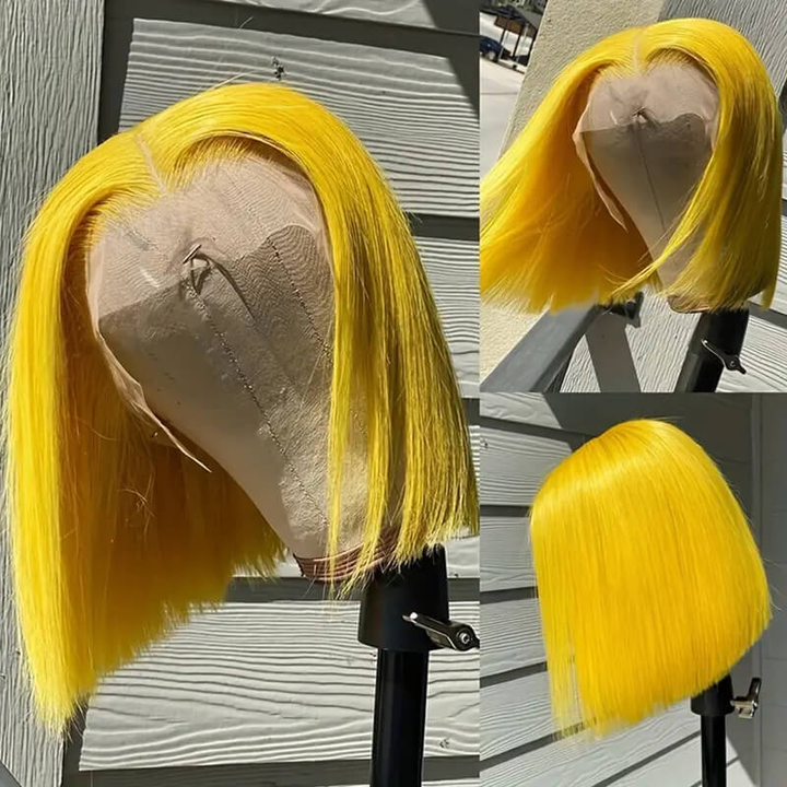 150% Density Yellow & Light Pink & Flag Red & Purple & Lake Blue Short Bob wig 13x4 Lace Front Straight Human Hair Wigs Transparent Lace | Lumiere