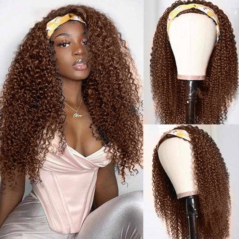 Chocolat brun crépus bouclés bandeau perruques de cheveux humains pleine machine faite perruque aucune dentelle