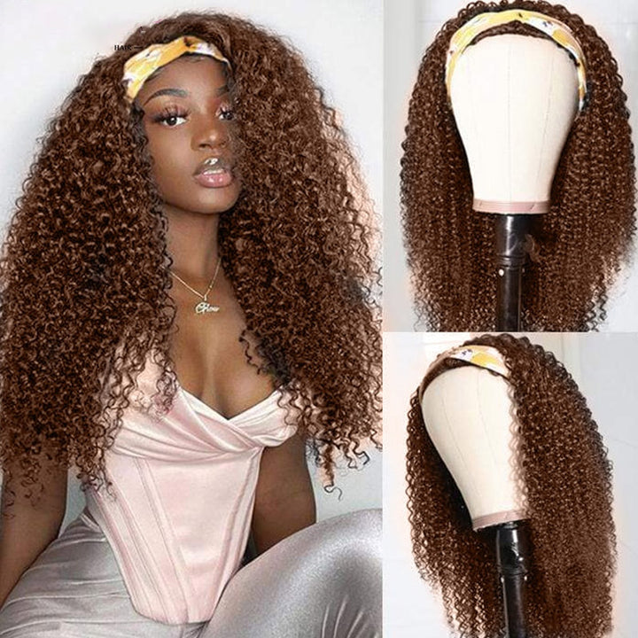 Chocolat brun crépus bouclés bandeau perruques de cheveux humains pleine machine faite perruque aucune dentelle