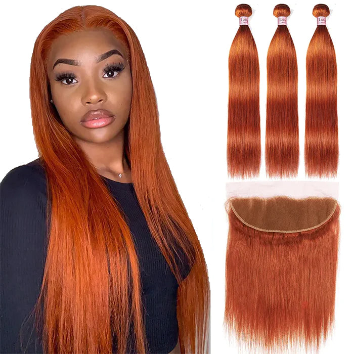 #350 Orange Ginger Bone Straight Human Hair 3 Bundle With 13x4 Frontal Colored Human Hair   Extensions(No Code Need)