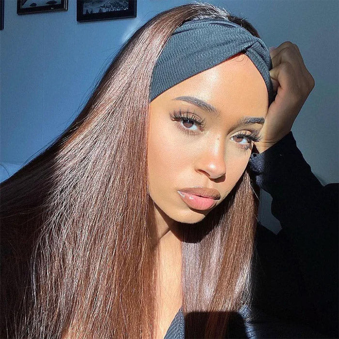 Color #4 Brown Straight Headband Human Hair Wigs For Black Woman
