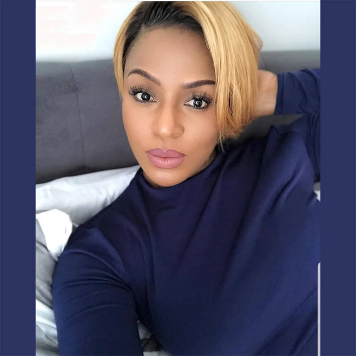 Ship In 24Hours-Lumiere 1B/27 Ombre Straight Pixie Cut Short Bob 13x4x1 T Lace Front Human Hair Wig
