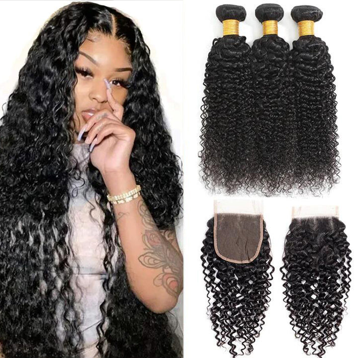 Kinky Curly 3 Bundles With Closure 6x6 lace 100% virgin human hair