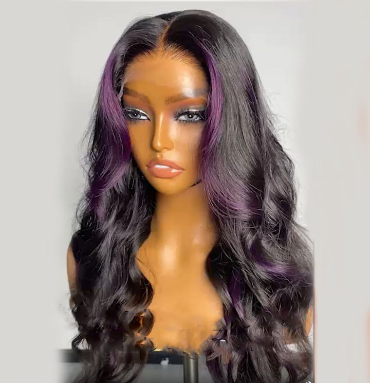 Lumiere Purple Highlights Loose Wave 13x4 Transparent Lace Front 180% Density Human Hair Guleless Wigs For Black Women HDZ