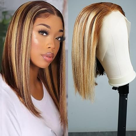 Lumiere A1 Customized 4x4 Lace P4/27 Straight Bob Wig Human Hair Highlight Honey Blonde Lace Closure Wig for Women 14Inch