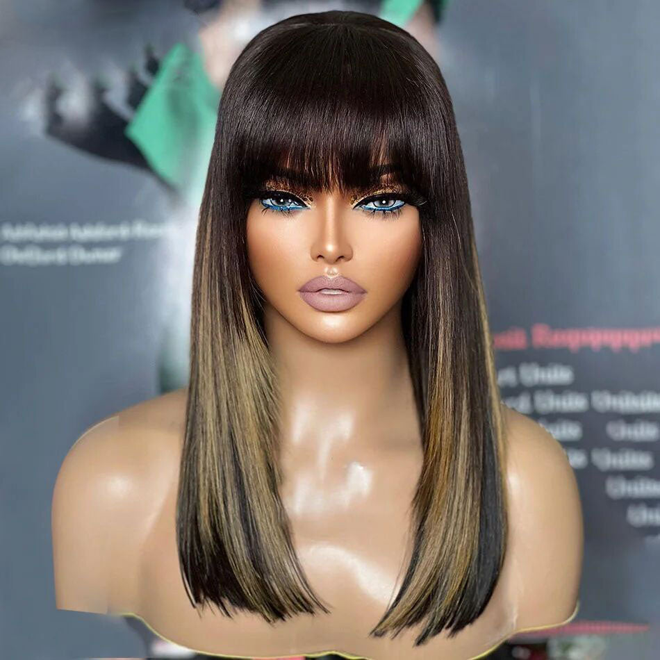Ship In 24Hours-Lumiere Highlight Brown Blonde Straight 13x4 HD Lace Front 150% Density Human Hair Wigs With Natural Black Bangs For Black Women HDZ