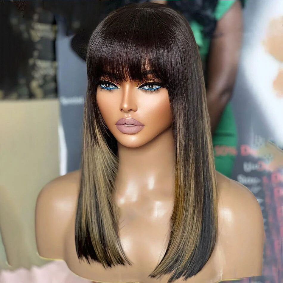 Ship In 24Hours-Lumiere Highlight Brown Blonde Straight 13x4 HD Lace Front 150% Density Human Hair Wigs With Natural Black Bangs For Black Women HDZ