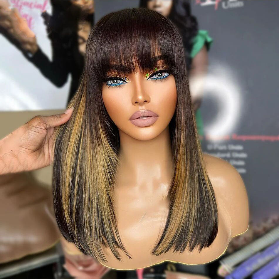 Lumiere Highlight Brown Blonde Straight 13x4 HD Lace Front 150% Density Human Hair Wigs With Natural Black Bangs For Black Women HDZ