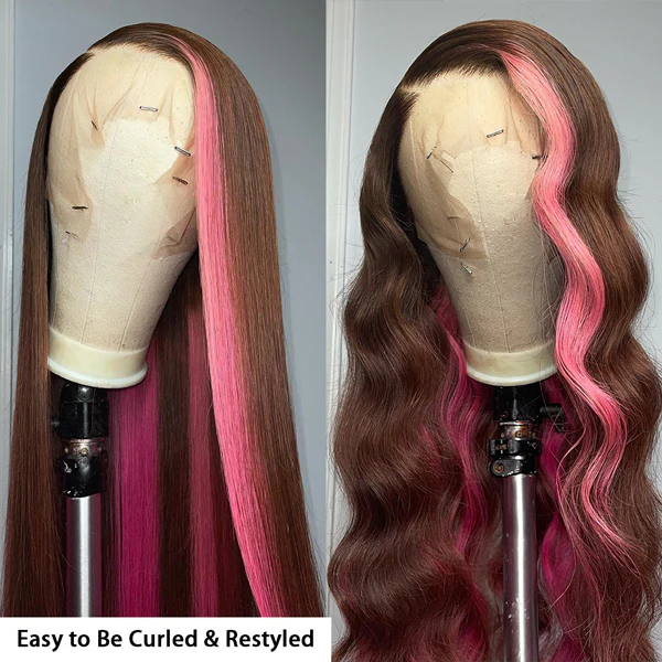 Hot Pink and Black Skunk Stripe Straight Hair 13x4 Lace Frontal Skunk Stripe Wigs For Women