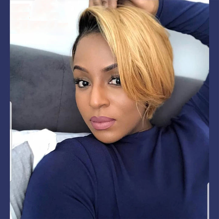 Ship In 24Hours-Lumiere 1B/27 Ombre Straight Pixie Cut Short Bob 13x4x1 T Lace Front Human Hair Wig