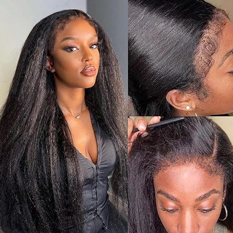Bords 4C | Indétectable Kinky Straight Kinky Edges 13x4 Frontal Lace Glueless Wig | Inspiré d'Afro