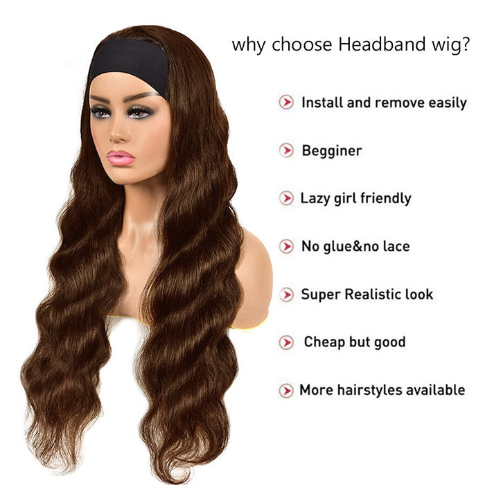Color #4 Brown Body Wave Headband Human Hair Wigs For Black Woman No-Lace