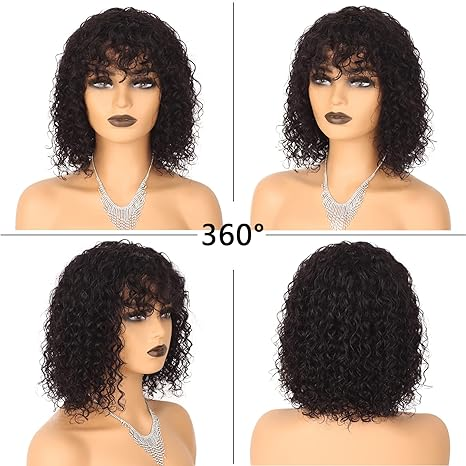 Water Wave Short Bob Wig With Bangs Full Machine Made For Black Women
