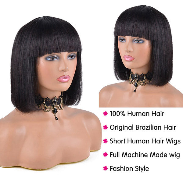 Bob Short Straight Wigs with Bangs Full Machine Natural Black Human Hair Wigs for Women