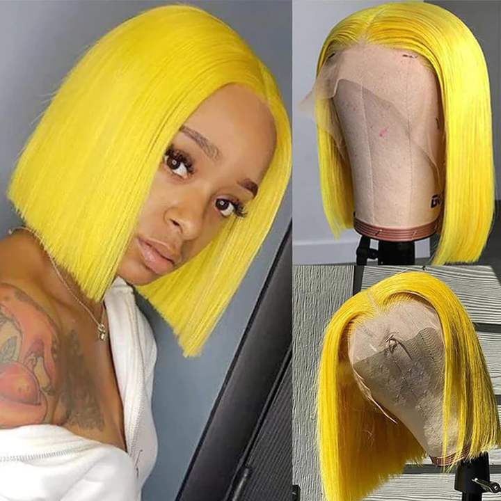 150% Density Yellow & Light Pink & Flag Red & Purple & Lake Blue Short Bob wig 13x4 Lace Front Straight Human Hair Wigs Transparent Lace | Lumiere