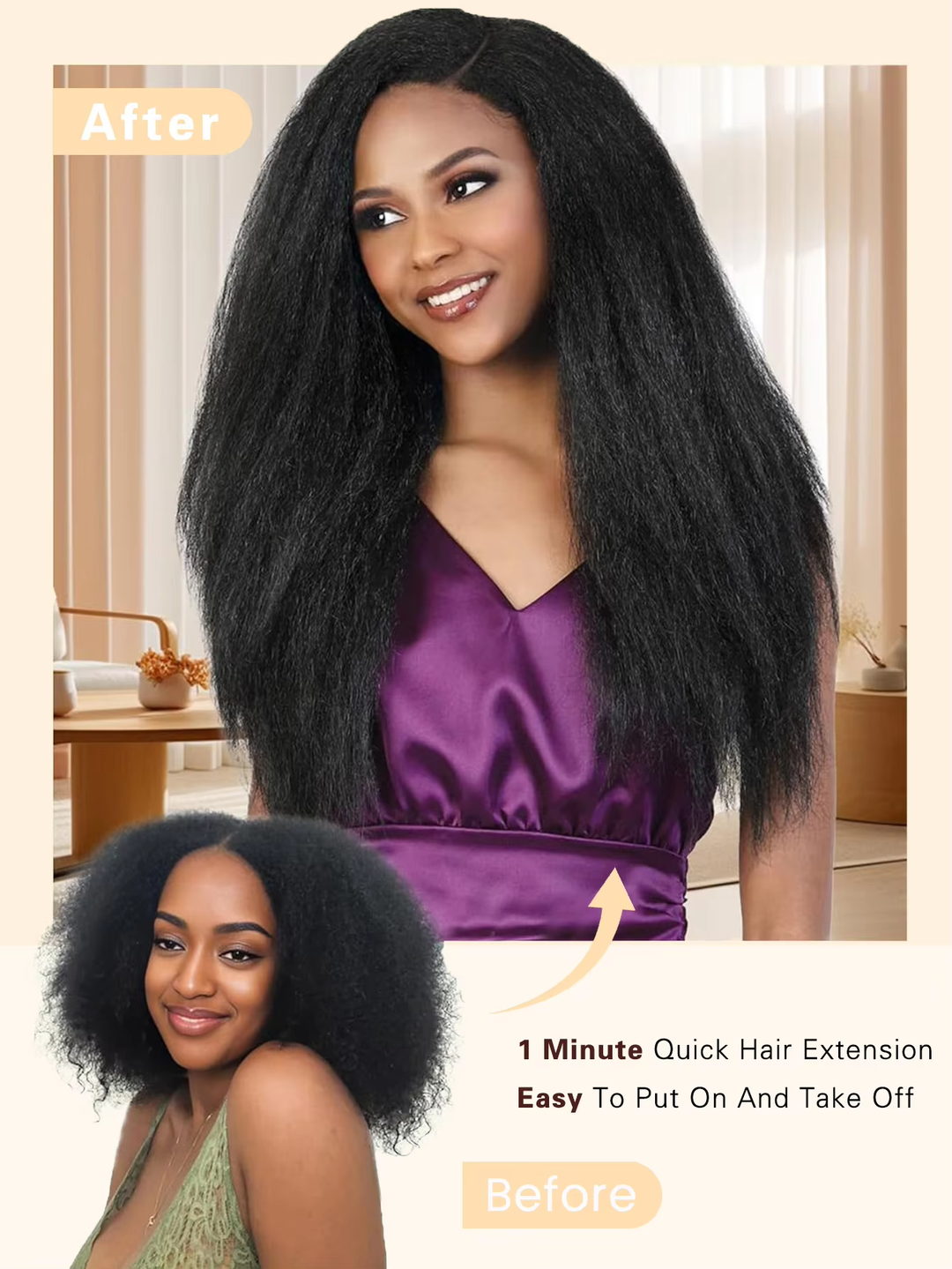 15A Clip in kinky straight  V-Shaped Hair Extension One Piece 5 Clips One Set Clips for Women