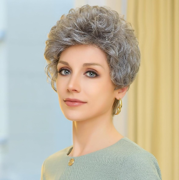 New Pixie Cut Salt And Pepper Colored Short Straight Full Machine Wigs With Bangs Bob Wig