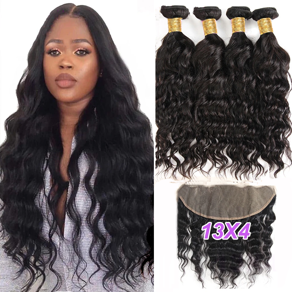 Natural Wave 4 Bundles With 13x4 Lace Frontal 100% Virgin Human Hair Bundles