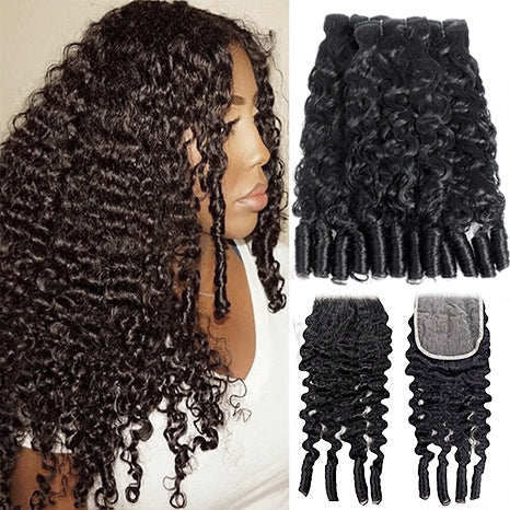 Lumiere Hair Natural Black Burmese Curly 4 Bundles with 4x4 Lace Closure For Woman