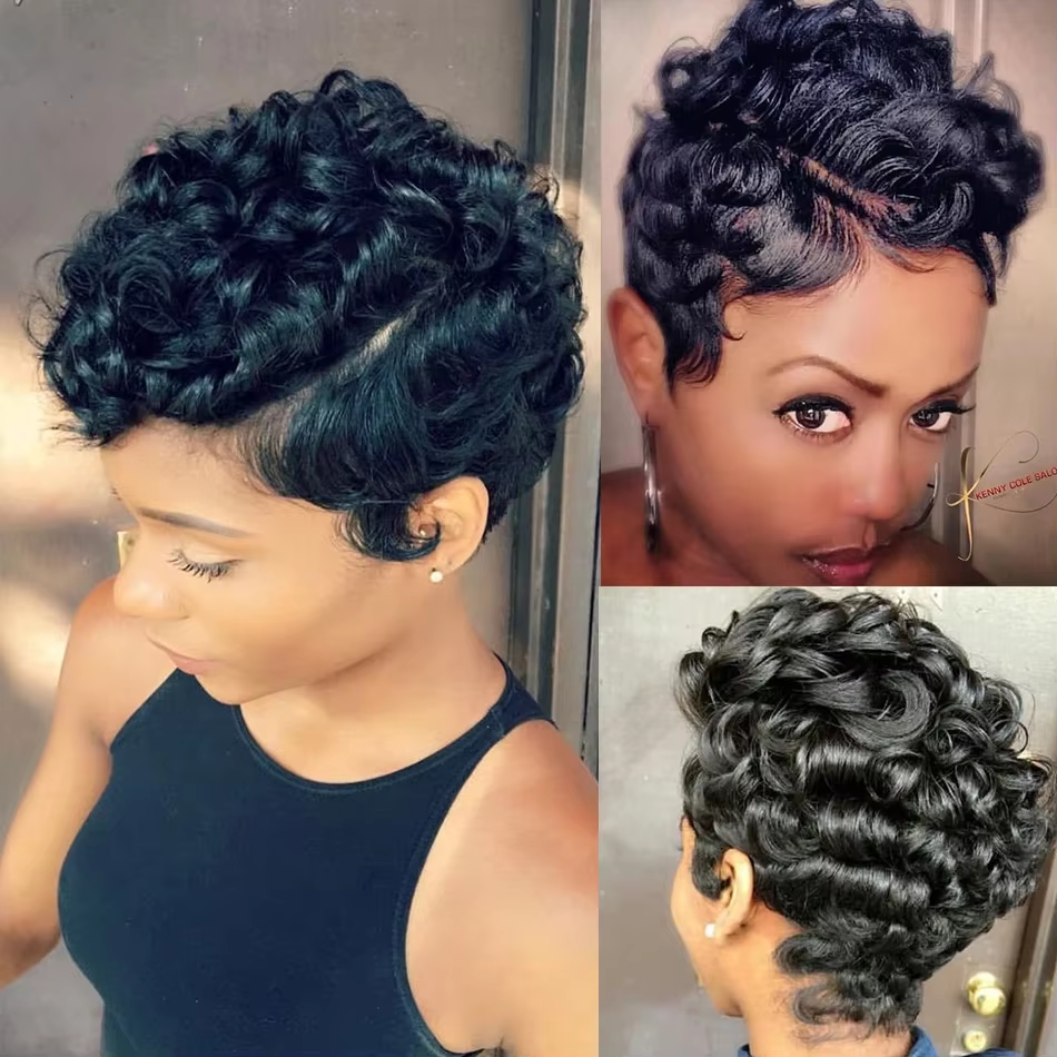 Naturel noir 13 x 4 x 1 partie latérale dentelle bouclée courte Pixie Cut Bob pour les femmes noires