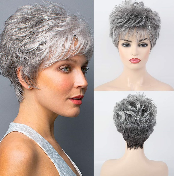 New Pixie Cut Salt And Pepper Colored Gray Texture Full Machine None Lace Gray Texture Wig