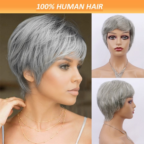New Pixie Cut Salt And Pepper Colored Full Machine None Lace Grey Short Wig