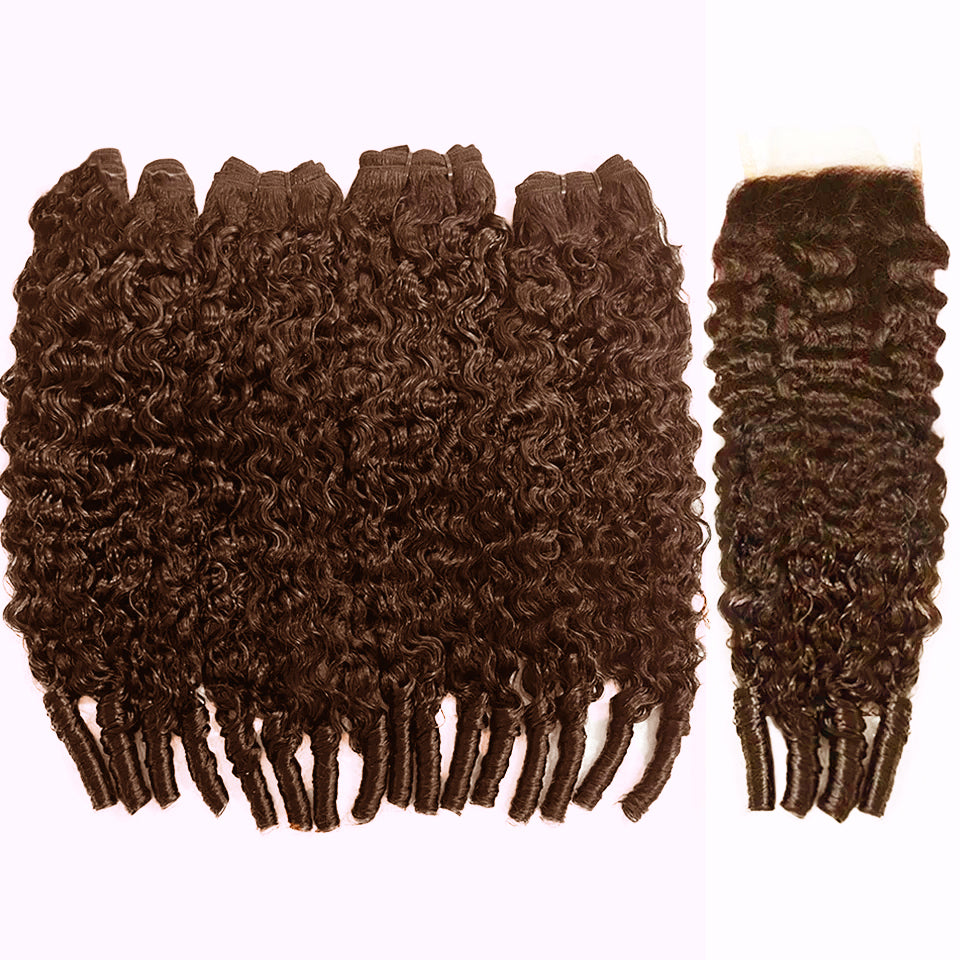 Lumiere Burmese Curly Bundles #4 Brown Chocolate Burmese Curly 4 Bundles With 4x4 Lace Closure Spiral Ends Weave Hair Extensions
